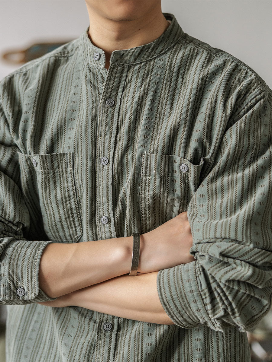 STRIPED BAND COLLAR SHIRT