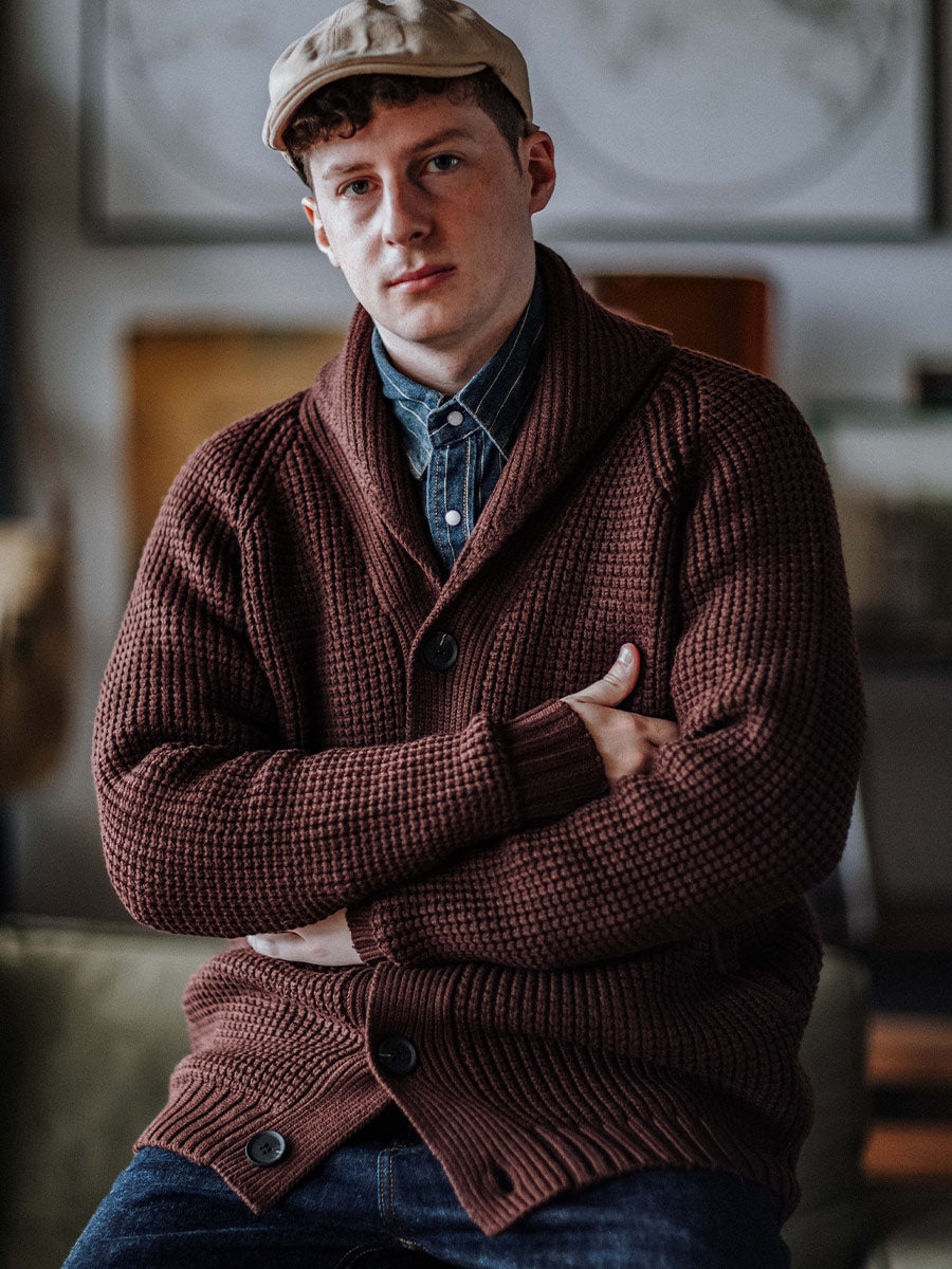 Shawl-Collar Waffle Cardigan